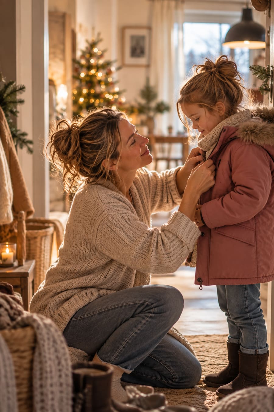 Eine Mutter kniet im Flur und hilft ihrem Kind in die Jacke