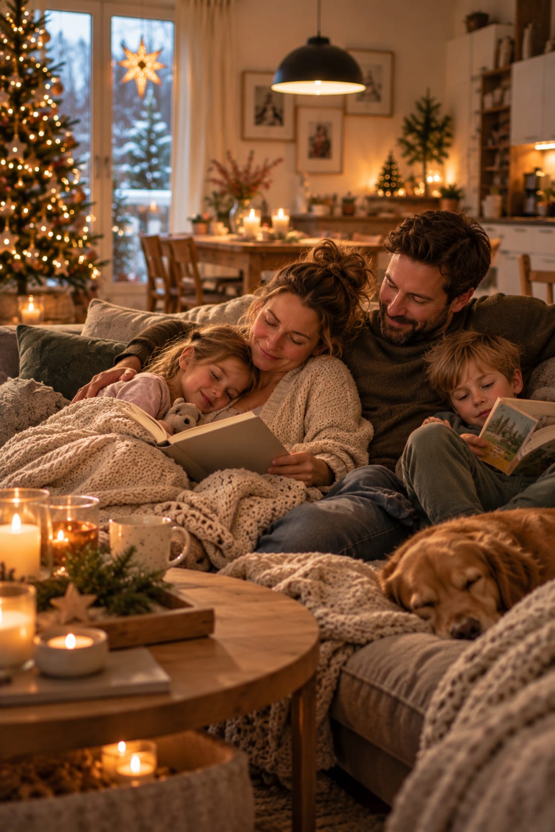 Eine Familie liegt am Abend mit Büchern und Decken auf dem Sofa, daneben der Weihnachtsbaum